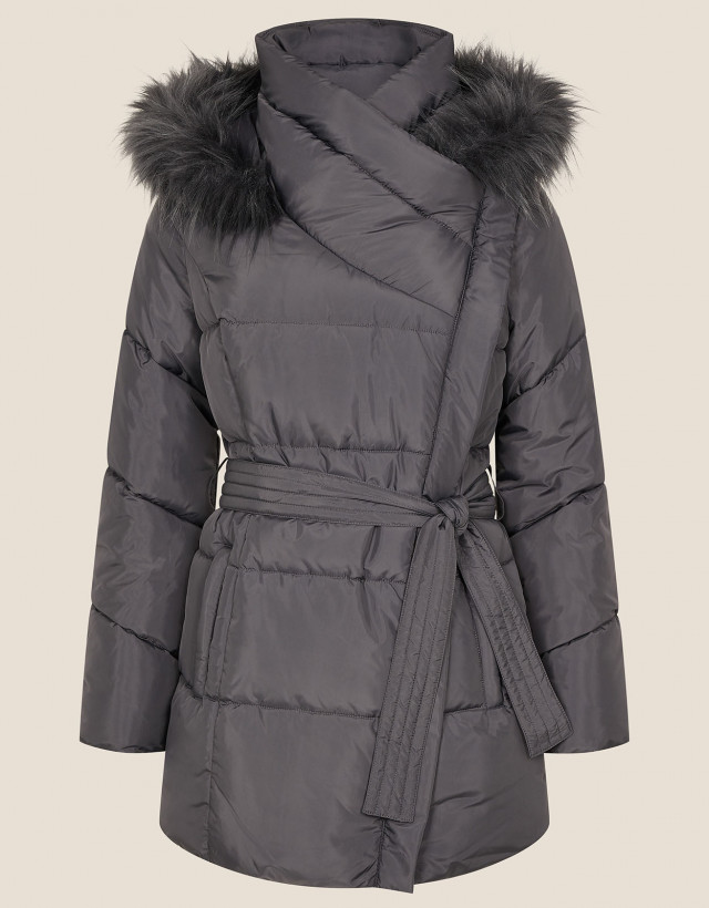 Padded Faux Fur Hooded Coat Grey