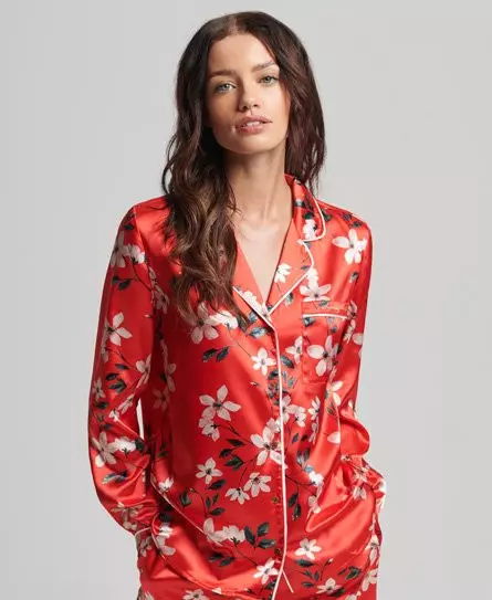 Superdry Women's Satin Sleepwear Long Sleeve Shirt Red / Wild Rose - 