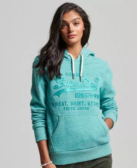 Superdry Women's Embossed Graphic Logo Hoodie Green / Sante Fe Turquoise Snowy - 