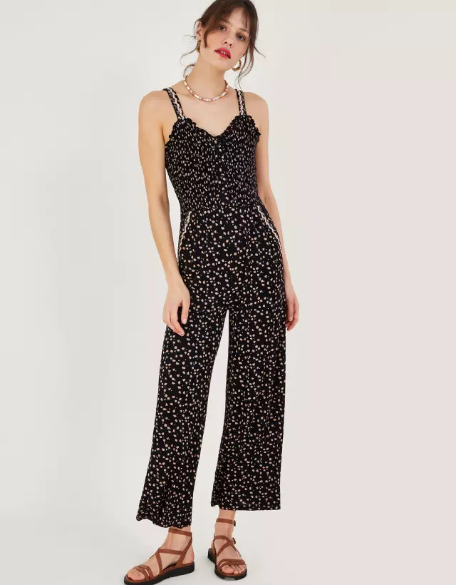 Dot Print Shirred Jumpsuit in LENZING™ ECOVERO™ Black