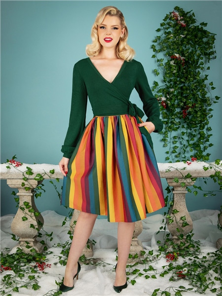 Collectif Loves Top Vintage Jasmine Autumn Rainbow Swing Skirt 